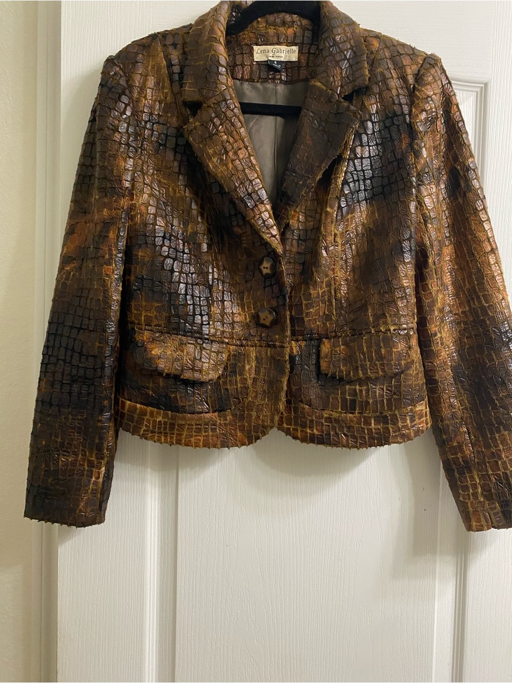 Lena Gabrielle Faux Leather Croc/Python Exotic Embossed Edgy Blazer Jacket Sz 6 - Picture 3 of 16